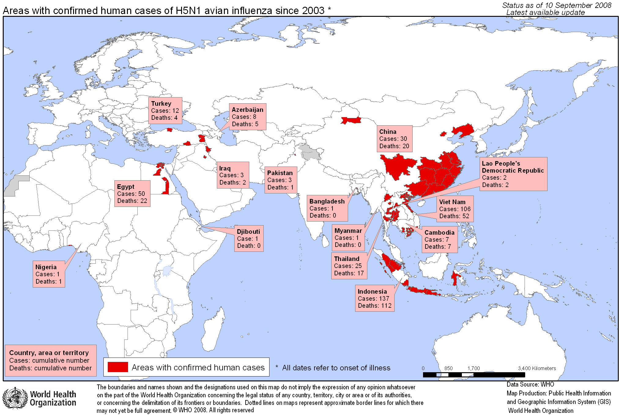 Areas with confirmed human cases of H5N1 avian influenza since 2003